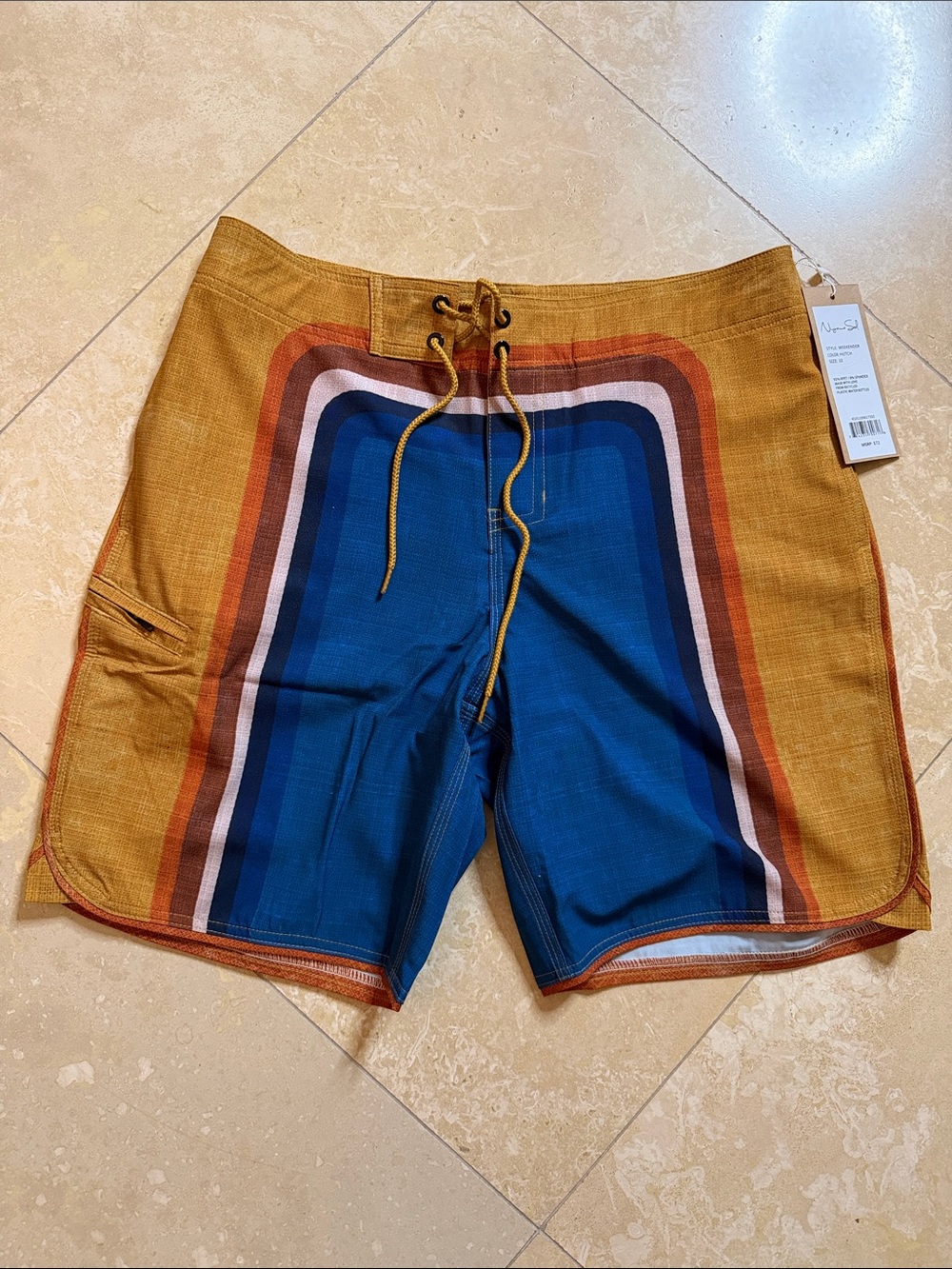 💙NWT NiyamaSol Men's Board Shorts in Blue and Gold with Striped Panel💙